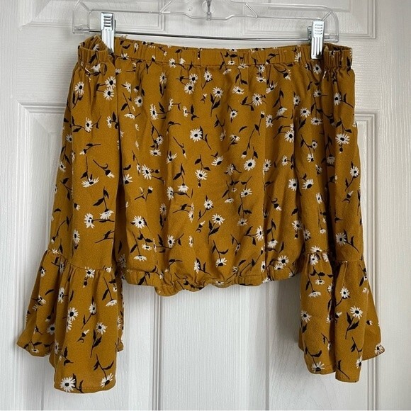 Bleuh Ciel Off the shoulder floral crop top yellow bell sleeve size M boho - Picture 1 of 5